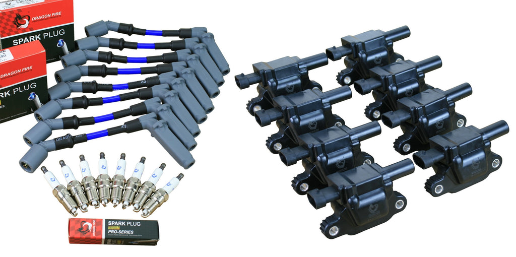 Stage 2 Ignition Kit - 2014-2021 GM CARS/TRUCK LT Gen V - SQUARE Coils / Iridium Spark Plugs / 8.5" BLUE Plug Wires w/ Grey Boots