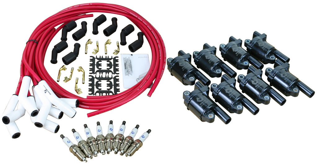 Stage 2 Ignition Kit - 2014-2021 GM CARS/TRUCK LT Gen V - ROUND Coils / Iridium Spark Plugs / Universal Ceramic TRANSPARENT RED Plug Wires