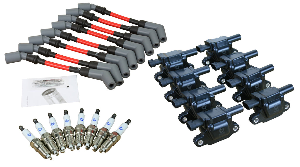 Stage 2 Ignition Kit - 2014-2021 GM CARS/TRUCK LT Gen V - SQUARE Coils / Iridium Spark Plugs / 9.5" RED Plug Wires w/Grey Boots