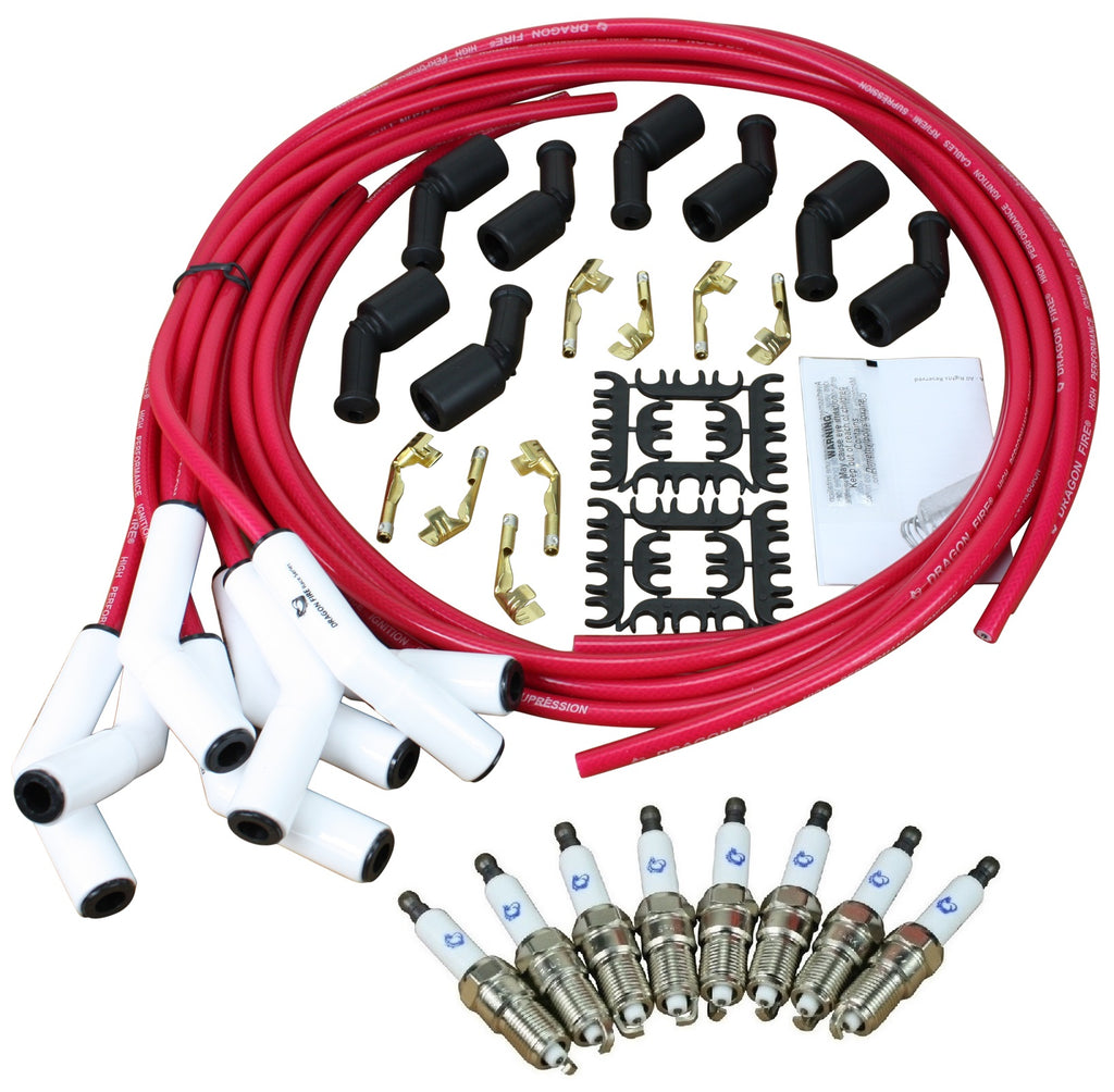 Stage 1 Ignition Kit - 2014-2021 GM CARS/TRUCKS LT Gen V Iridium Plugs / Universal Ceramic 500 Ohm TRANSPARENT RED Plug Wires w/White Boots