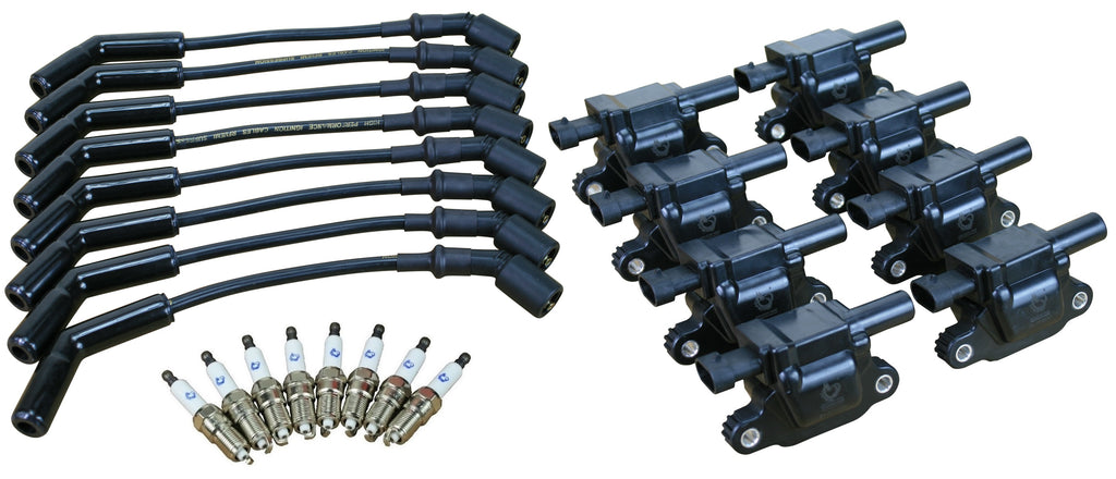 Stage 2 Ignition Kit - 2014-2021 GM CARS/TRUCK LT Gen V - SQUARE Coils / Iridium Spark Plugs / 12"  Ceramic BLACK Plug Wires