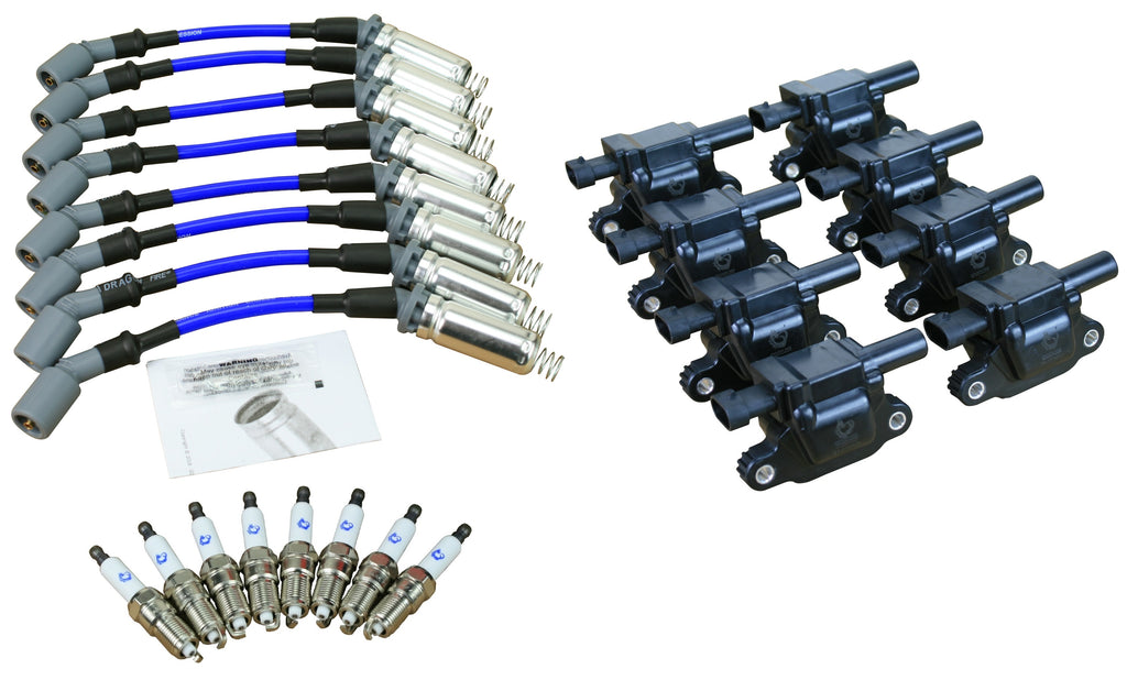 Stage 2 Ignition Kit - 2014-2021 GM CARS/TRUCK LT Gen V - SQUARE Coils / Iridium Spark Plugs / 10.5"  BLUE Plug Wires