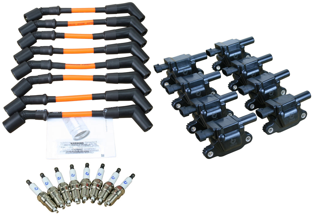 Stage 2 Ignition Kit - 2014-2021 GM CARS/TRUCK LT Gen V - SQUARE Coils / Iridium Spark Plugs / 9.5" 500 Ohm ORANGE Plug Wires w/Black Boots