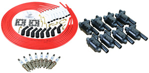 Stage 2 Ignition Kit - 2014-2021 GM CARS/TRUCK LT Gen V - ROUND Coils / Iridium Spark Plugs / Universal Ceramic 150 Ohm RED Plug Wires w/White Boots