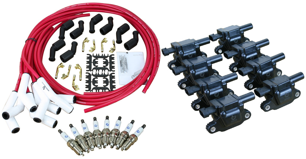 Stage 2 Ignition Kit - 2014-2021 GM CARS/TRUCK LT Gen V - SQUARE Coils / Iridium Spark Plugs / Universal Ceramic 500 Ohm TRANSPARENT RED Plug Wires w/White Boots