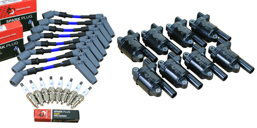 Stage 2 Ignition Kit - 2014-2021 GM CARS/TRUCK LT Gen V - ROUND Coils / Iridium Spark Plugs / 8.5" BLUE Plug Wires w/ Grey Boots