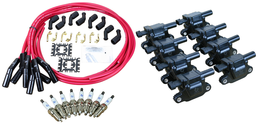 Stage 2 Ignition Kit - 2014-2021 GM CARS/TRUCK LT Gen V - SQUARE Coils / Iridium Spark Plugs / Universal Ceramic 500 Ohm TRANSPARENT RED Plug Wires w/Black Boots