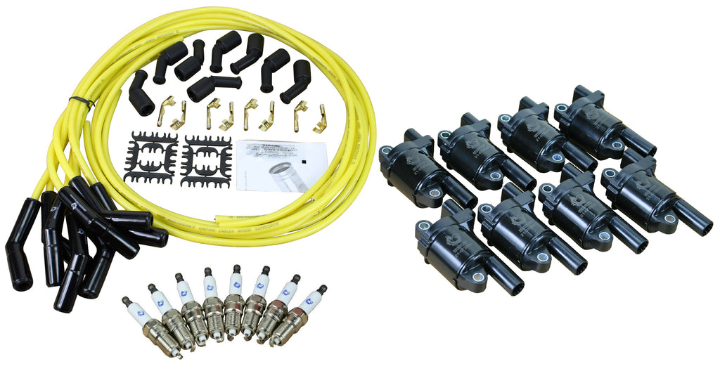 Stage 2 Ignition Kit - 2014-2021 GM CARS/TRUCK LT Gen V - ROUND Coils / Iridium Spark Plugs / Universal Ceramic 500 Ohm TRANSPARENT YELLOW Plug Wires w/Black Boots