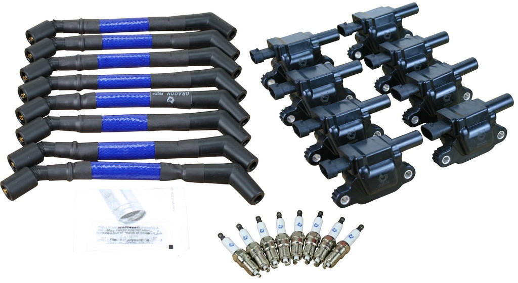 Stage 2 Ignition Kit - 2014-2021 GM CARS/TRUCK LT Gen V - SQUARE Coils / Iridium Spark Plugs / 9.5" 500 Ohm BLUE High-Temp Plug Wires w/Black Boots