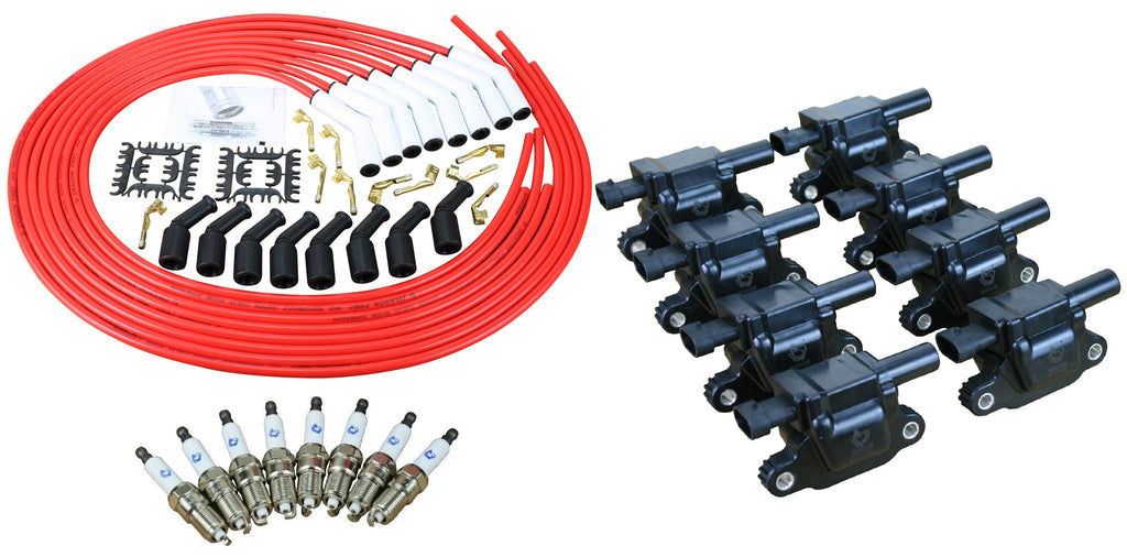 Stage 2 Ignition Kit - 2014-2021 GM CARS/TRUCK LT Gen V - SQUARE Coils / Iridium Spark Plugs / Universal Ceramic 150 Ohm RED Plug Wires w/White Boots