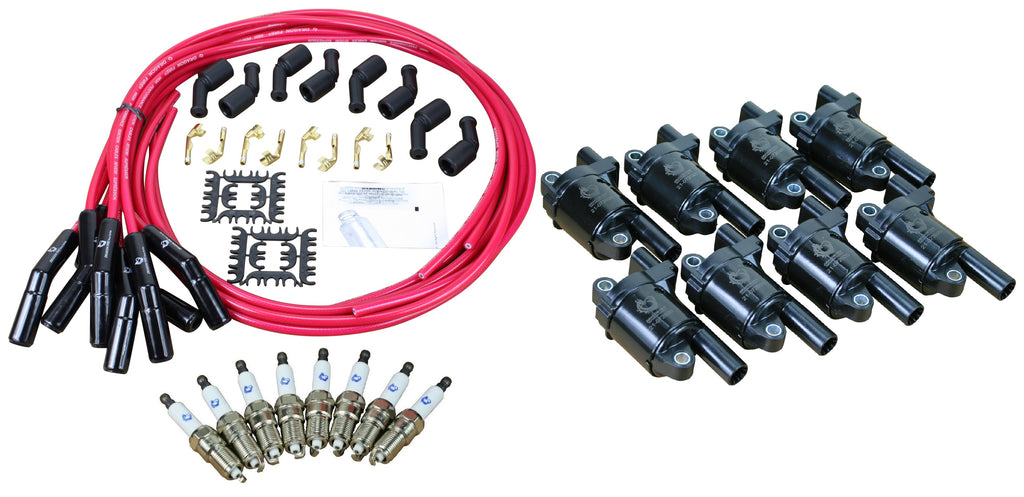 Stage 2 Ignition Kit - 2014-2021 GM CARS/TRUCK LT Gen V - ROUND Coils / Iridium Spark Plugs / Universal Ceramic 150 Ohm TRANSPARENT RED Plug Wires w/Black Boots