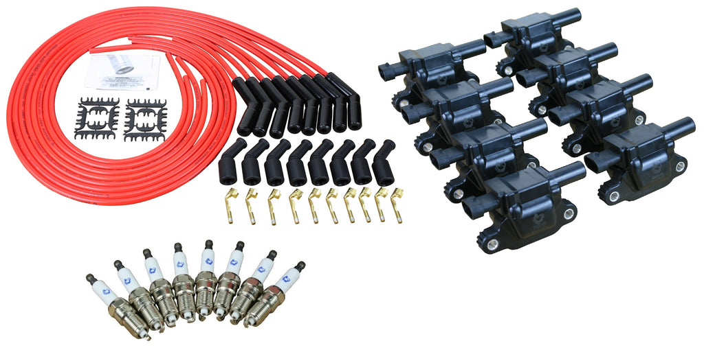 Stage 2 Ignition Kit - 2014-2021 GM CARS/TRUCK LT Gen V - SQUARE Coils / Iridium Spark Plugs / Universal Ceramic 150 Ohm RED Plug Wires w/Black Boots