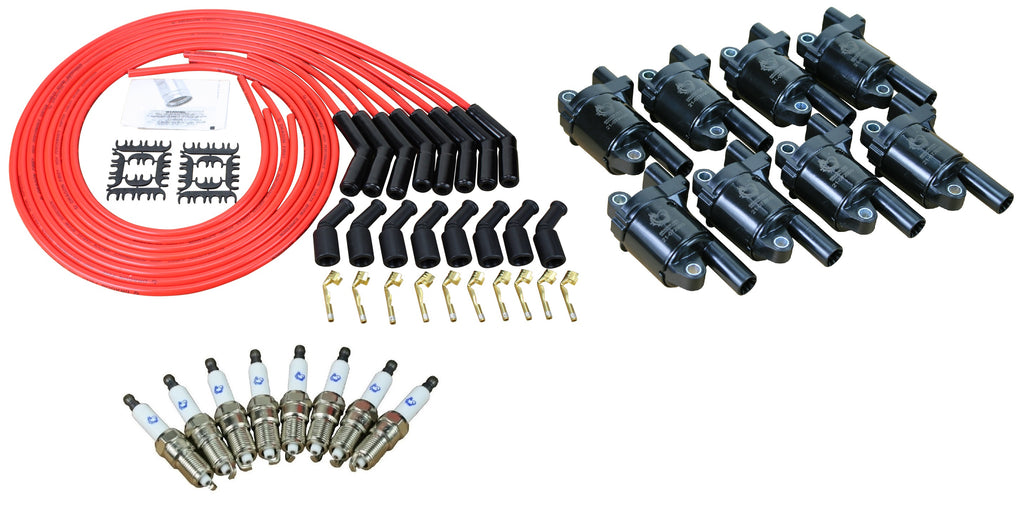 Stage 2 Ignition Kit - 2014-2021 GM CARS/TRUCK LT Gen V - ROUND Coils / Iridium Spark Plugs / Universal Ceramic 150 Ohm RED Plug Wires w/Black Boots
