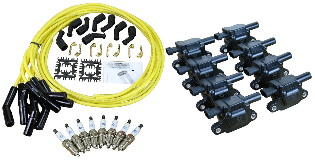 Stage 2 Ignition Kit - 2014-2021 GM CARS/TRUCK LT Gen V - SQUARE Coils / Iridium Spark Plugs / Universal Ceramic 500 Ohm TRANSPARENT YELLOW Plug Wires w/Black Boots