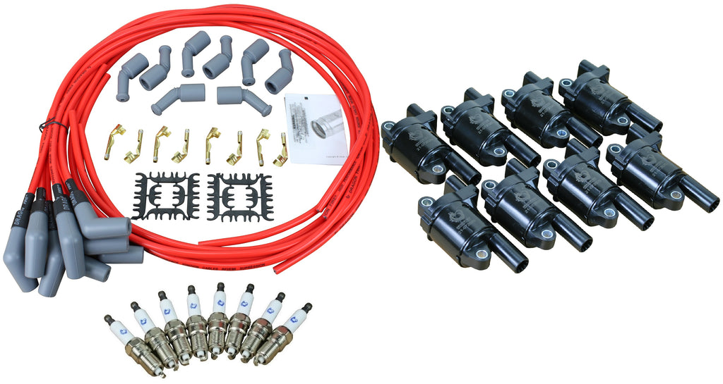 Stage 2 Ignition Kit - 2014-2021 GM CARS/TRUCK LT Gen V - ROUND Coils / Iridium Spark Plugs / Universal 500 Ohm RED Plug Wires w/Grey Boots