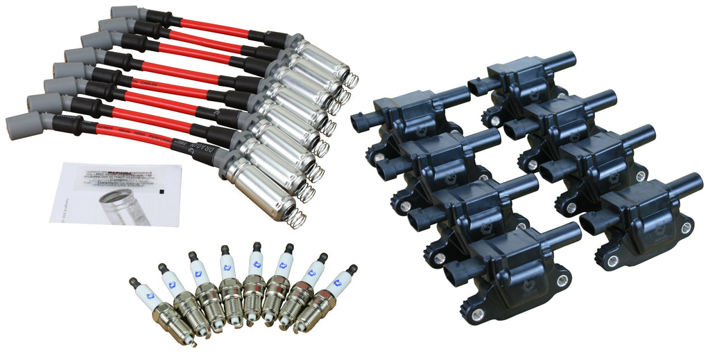 Stage 2 Ignition Kit - 2014-2021 GM CARS/TRUCK LT Gen V - SQUARE Coils / Iridium Spark Plugs / 10.5" RED Plug Wires w/Grey Boots
