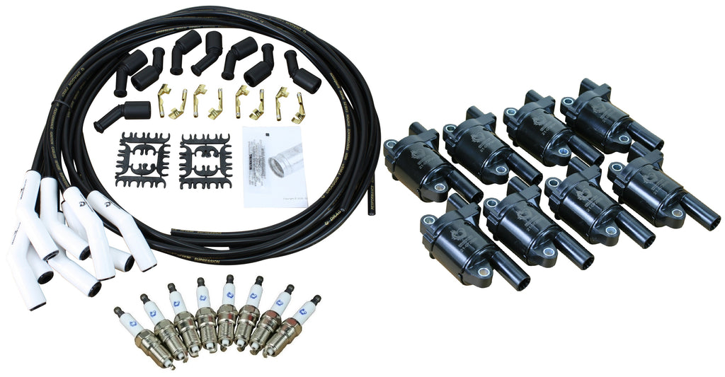 Stage 2 Ignition Kit - 2014-2021 GM CARS/TRUCK LT Gen V - ROUND Coils / Iridium Spark Plugs / Universal Ceramic BLACK Plug Wires
