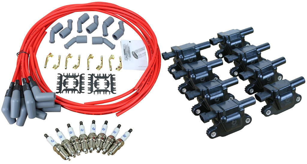 Stage 2 Ignition Kit - 2014-2021 GM CARS/TRUCK LT Gen V - SQUARE Coils / Iridium Spark Plugs / Universal 500 Ohm RED Plug Wires w/Grey Boots