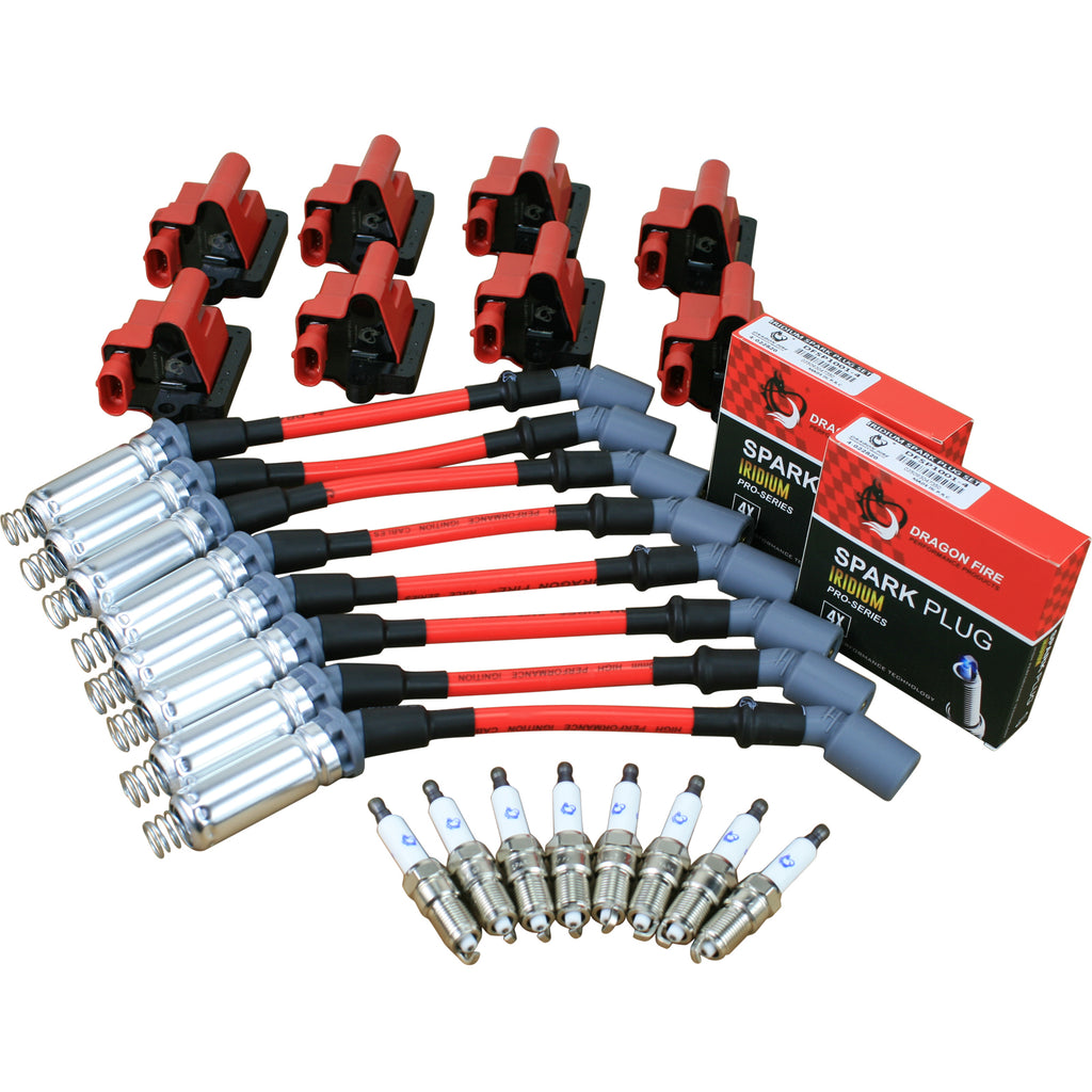 Stage 2 Ignition Kit - 1999-2007  GM 4.8L 5.3L 6.0L - Red SQUARE Coils / 10.5" Plug Wires/ Spark Plugs